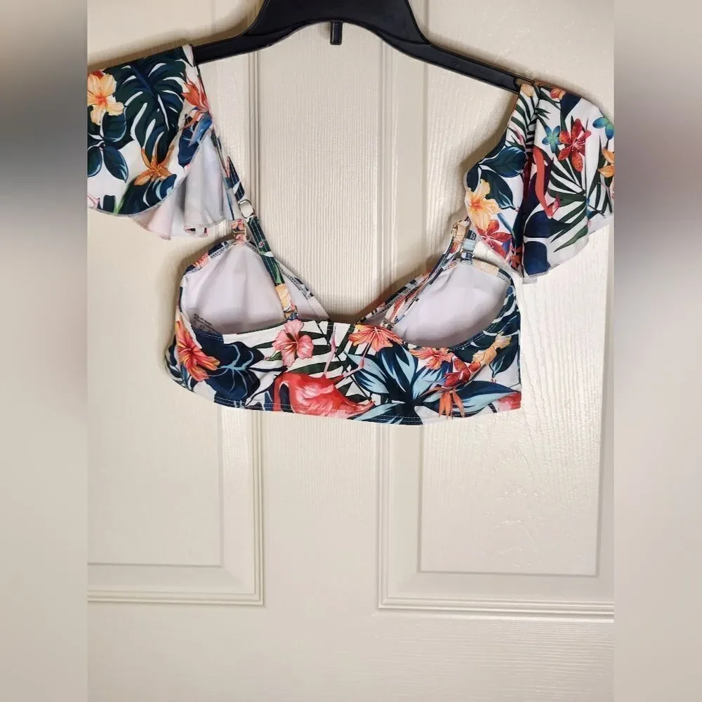 Shein L White Floral Print Top Women's Bikini  Swimsuit
